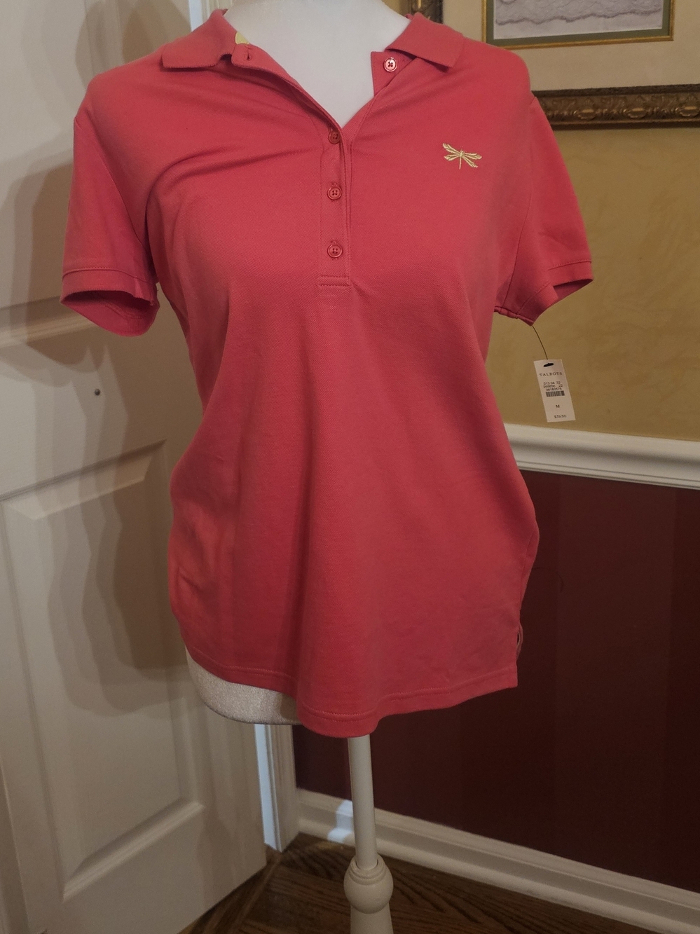 Talbots Coral Short-Sleeve Polo with Gold Dragonfly Embroidery